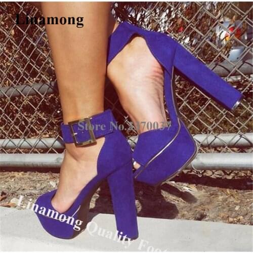 Linamong Fashion Peep Toe High Platform Chunky Heel Sandals Blue Suede Leather Ankle Big Buckle Thick High Heel Sandals