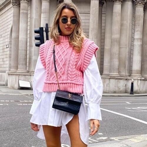 Fashion Twist Sweater Vest Pink High Collar Waistcoat Vintage Kintted Sleeveless Cross Lace Up Femme Veste Chic Jumper Tops