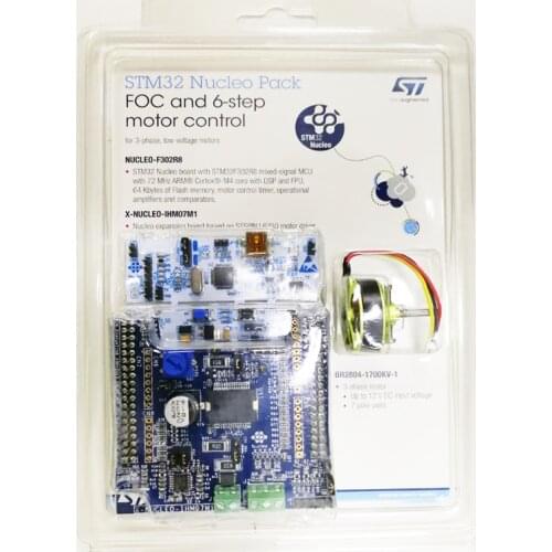 The STM32 Nucleo pack P-NUCLEO-IHM001 is a kit composed of: the X-NUCLEO-IHM07M1 board, the NUCLEO-F302R8 board and the motor