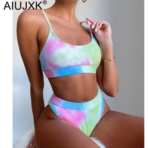 AIUJXK New 2021 Tie Dye High Waist Bandeau Bikini Women Beach Wear Bathing Suit Summer Swimming Sexy Swimwear 2 Piece Swimsuit