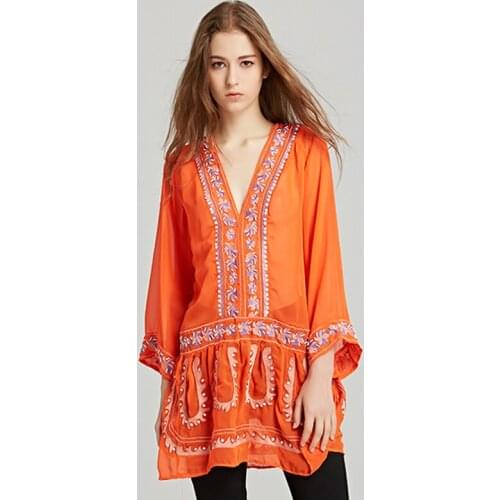 2020 summer new European and American style fashion dress national style retro embroidery V-neck mini dress bohemian dress