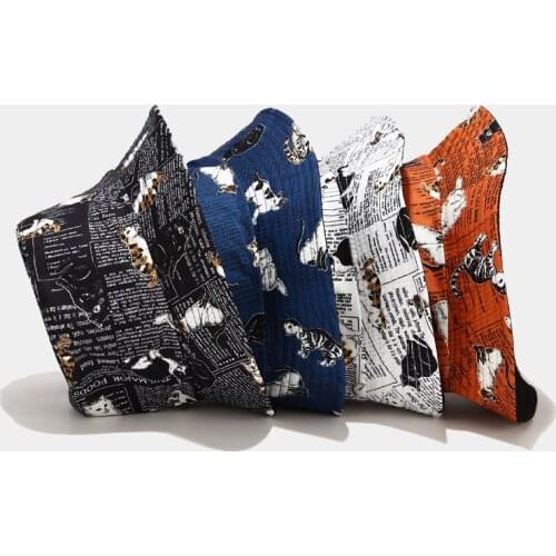 Fun Reversible Bucket Hat Cute Cat Fisherman Hat Printing Newspaper Vintage Wide Brim Hat Hip Hop Hat For Women Men