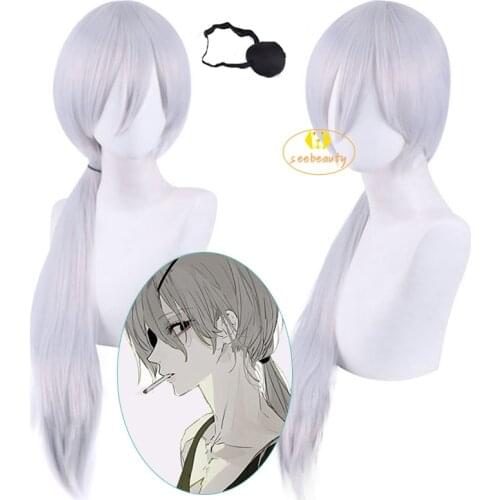 Anime Chainsaw Man Quanxi Cosplay Wig Silver White Long Ponytail Eye Patch Heat-resistant Fiber Hair Wig Cap Halloween Party Wig
