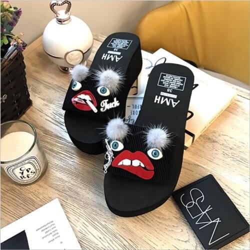 Famous designer fur ball and red lips sandals women cartoon eyes platform sandals summer wedges shoes woman flip flops