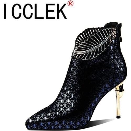Peacock Pattern Embossed Leather Boots Woman Ankle Boots Plating Heel Rhinestone Womens Winter Shoes 2020 Female Footware Blue