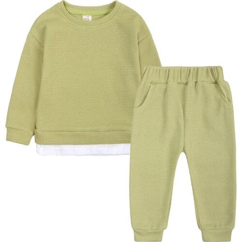 Spring Autumn Infant Baby Boys Girls Casual Clothing Sets Waffle Cotton Long Sleeve T-shirt +Pants Toddler Baby Clothes Suit