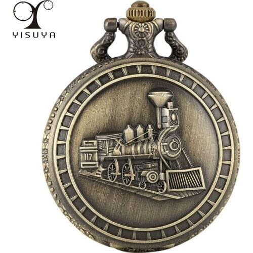 Vintage Steam Train Full Hunter Quartz Pocket Watch Bronze Necklace Chain Pendant Antique Clock Gifts for Men Women