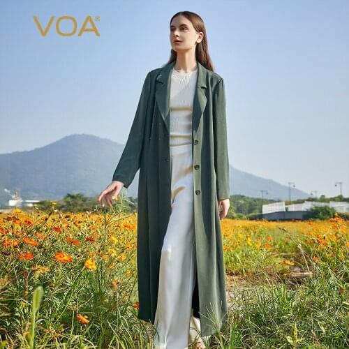 VOA Elegant Autumn Winter Women Wind Coat Office Lady Lace Up Female Trench Coat Causal Straight Fashion Silk Long Coat FE152