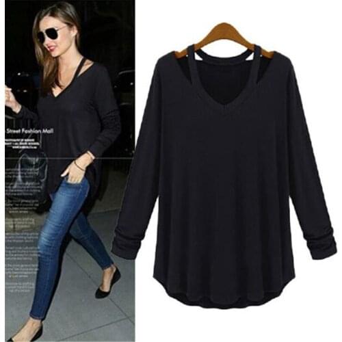 2020 Spring Sutumn New Long Sleeve V Neck T-Shirt Women Fashion Casual Knitted Top Solid Plus Size Female Loose Slim Tee Black