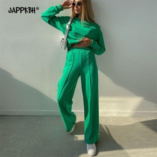 Green Y2k Trousers Suit Women 2021 Autumn Winter Long Sleeve Hoodies Suit Fashion Straight Pants 2 Pieces Set Streetwear Outfit