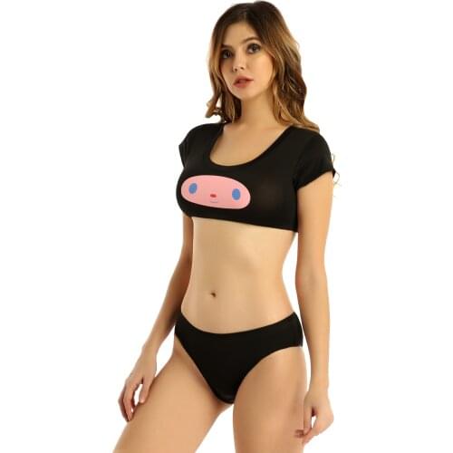 Womens Erotic Sexy Lingerie Suit Cartoon Printed Underwear Nightwear Short Sleeve Crop Top with Briefs Panties for Sexy Roleplay