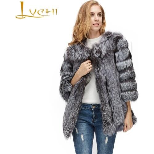 LVCHI Winter 2019 Contrast Color Real Fox Fur Coats Red Sliver Natural Fox Fur Coat Womens With Fox Fur Collar Medium Fox Coats