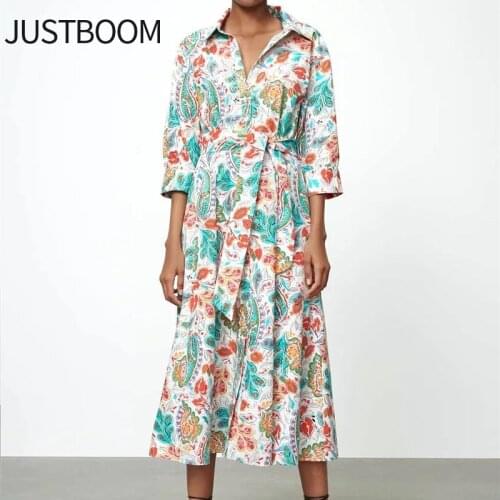 Womens western style fashion with belt flower print poplin dress folding collar shirt collar three-quarter sleeves maxi dress
