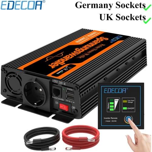 EDECOA 1000W 2000W Power Inverter DC 12V AC 220V 230V 240V Pure Sine Wave 5V 2.1A USB Remote Controller Converter