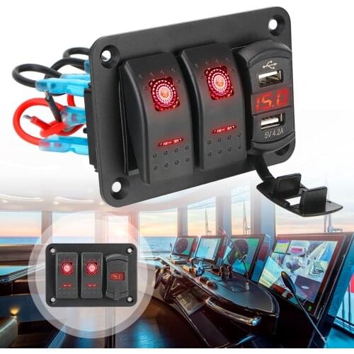 12/24V Rocker Switch Panel for Car Marine Ship LED Rocker Switch Panel Waterproof Dual USB Port Circuit Breaker LED Voltmeter