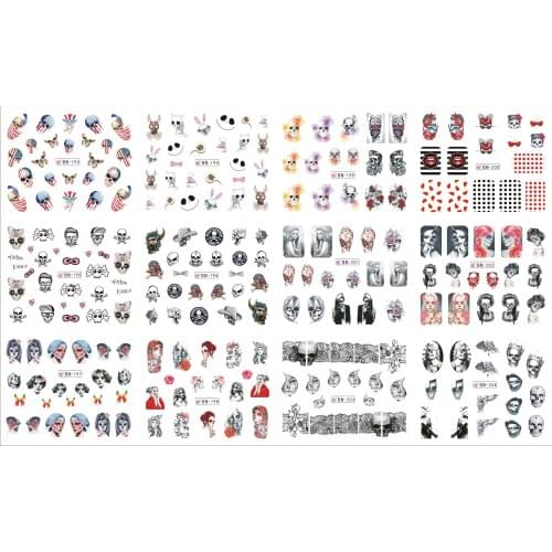 12 Sheets/Lot Nail BN193-204 Fashion Voodoo Girl Flower Skull Nail Art Water Wraps Sticker Decal For Nail (12 DESIGNS IN 1)