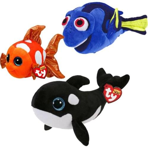 15CM Ty Beanie Boos Big Eyes Stuffed Animal Plush Fish Series Whale Goldfish Shark Swordfish Doll Clown Fish Child Birthday Gift