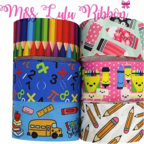 16mm-75mm Back to School Series Pencil Cartoon Car Printed Grosgrain/Foe Ribbon DIY Hair Bowknots 50yards/roll