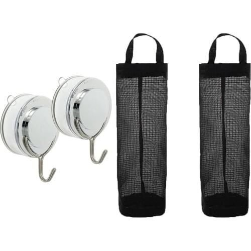 2Pcs Vacuum Stainless Steel Suction Cup Hooks With 2Pcs Plastic Bag Holder Mesh Hanging Dispensers Hanging Storage Bag