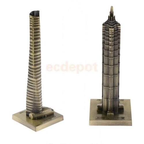 2pcs Vintage Metal Jin Mao Tower Statue and Shanghai Tower Building Statue Figurine Travel Souvenirs Art Crafts