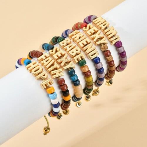 Boho Color Natural Stone Letters Bracelet for Women Men Couple Jewelry Love Hope Friendship Bead Bracelet Kids Family DIY