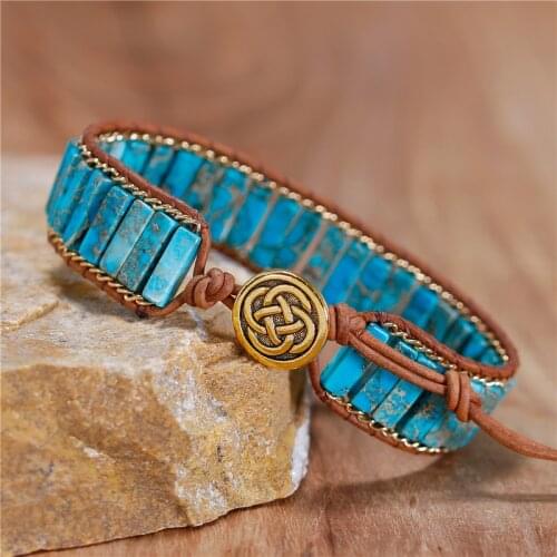 Natural Stones Leather Wrap Bracelets Tube Bead Jaspers Chain Cuff Bangles Bracelets Bohemian Jewelry Wholesale Dropshipping