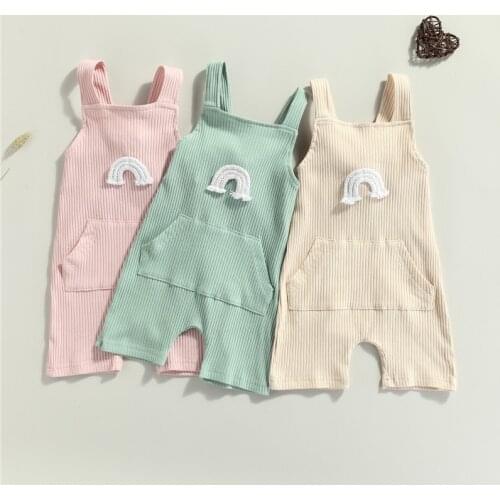 Baby Boys Girls Rainbow Rompers Summer Autumn Toddler Newborn Infant Solid Ribbed Sleeveless Pocket Romper Jumpsuits Overalls