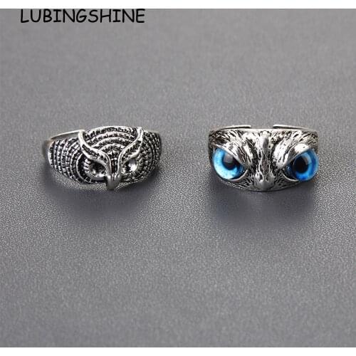 Punk Blue Eyes Owl Ring for Women Man Couple Vintage Gothic Open Adjustable Ring Statement Rings Hip Hop Rock Jewelry