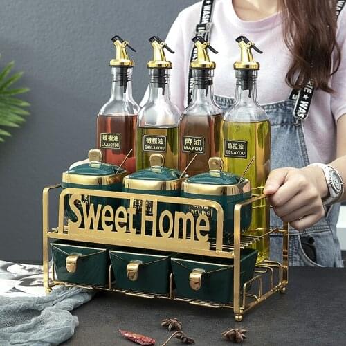 Creative Ceramic Seasoning Glass Ceramic Jar Oil Salt Sauce Vinegar Household Storage Rack Packaged Combination 11-Piece Set
