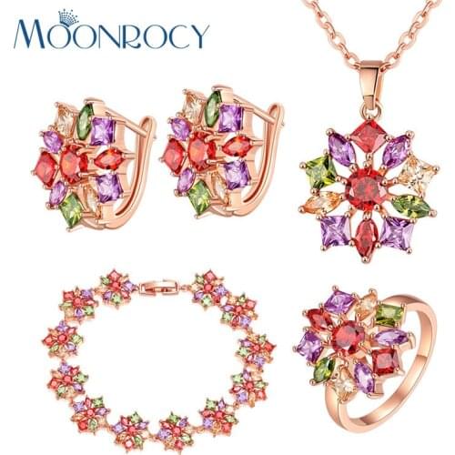 MOONROCY Free Shipping Fashion Jewelry Rose Gold Color CZ Crystal Necklace Earrings Ring and Bracelet Jewelry Set for Women