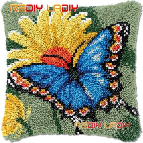 Latch Hook Cushion Blue Butterfly DIY Needlepoint Kits Chunky Acrylic Yarn Arts Crocheting Lofty Pillow Case Hobby & Crafts