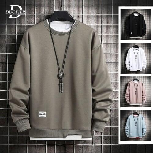 2021 New Men Casual Sweatshirts Fake Two Pieces Mens Hoodies Solid Color O-Neck Fashion Harajuku Sweatshirt Tracksuit Streetwear