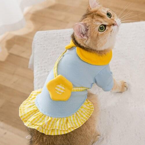 Pet Clothes for Small Dogs Cats Sun Flower Skirt Spring Summer Thin Breathable Cute Puppy Kitten Cotton Doll Collar Plaid Skirt