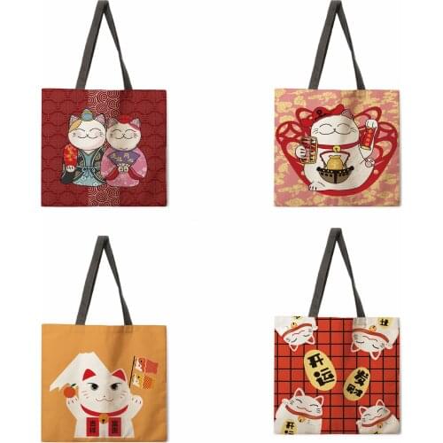 Lucky Cat Printed Tote Bag Tote Bag Leisure Tote Bag Shoulder Bag Female Beach Bag Foldable Shopping Bag