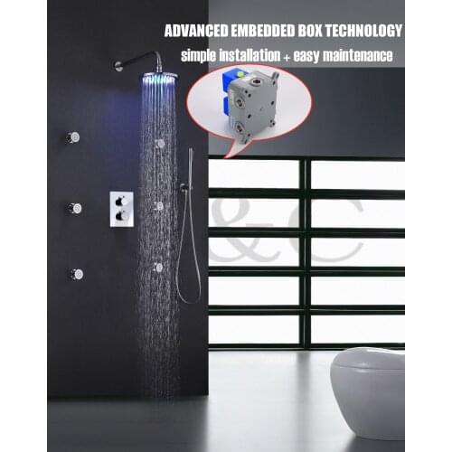Thermostatic Bathroom Shower Mixer Set 8 Inch Chrome LED 7 Colors Shower Head Easy Installation With Embedded Box 002T-8RC-2Y