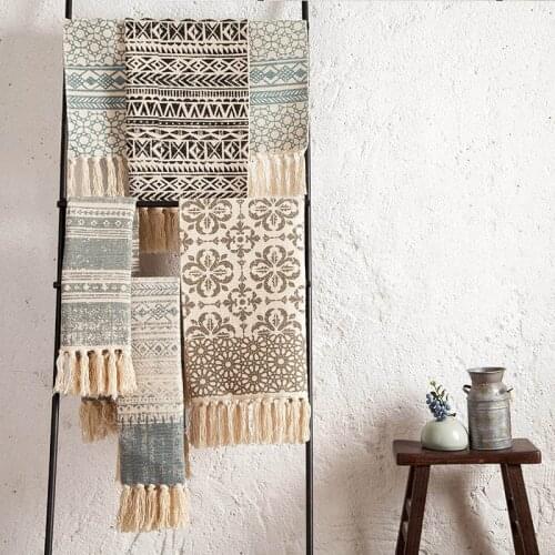 Cotton and linen woven tassel carpet floor mat door mat bedroom tapestry decorative blanket tea table tea flag decoration