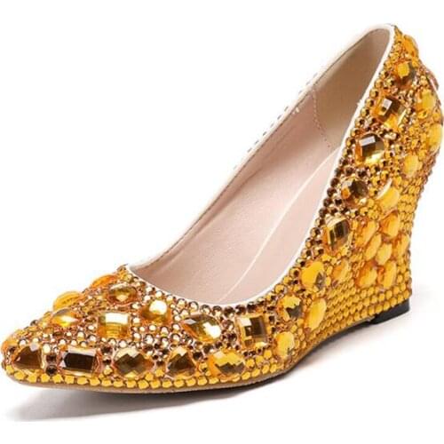 Sexy Women Pumps Ladies Wedding Sequined Cloth Slip On Wedges High Heels Pointed Toe Dress Party Rhinestones shoes for women