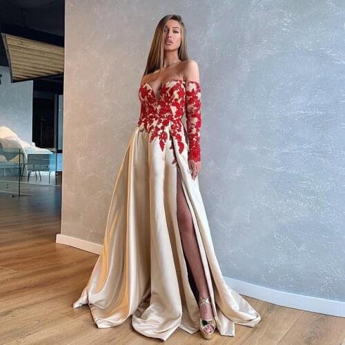 2021 Latest Sexy High Thigh Split Prom Party Gowns Champagne Off Shoulder Long Sleeves Evening Dresses Sweetheart Appliqued