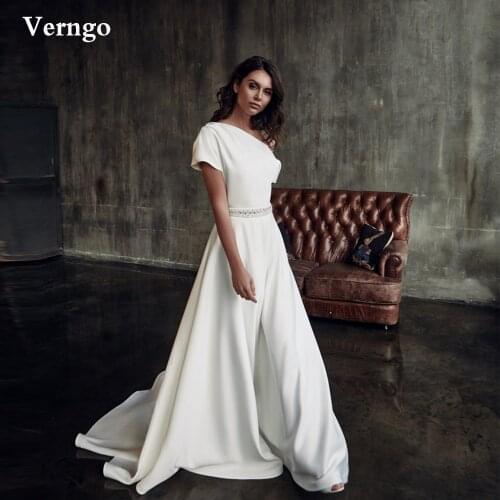Verngo Vintage A Line One Shoulder Wedding Dresses Short Sleeves Crystal Beads Sash Bridal Dress 2021 Women Formal Party Gowns