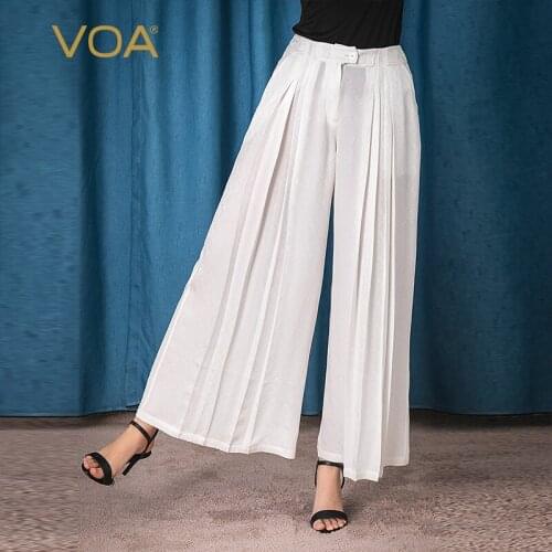 VOA Silk 22m/m Ivory White Trousers Jacquard One-button Natural Waist Oblique Pocket Yuke Pleat Refreshing Wide-leg Pants K50