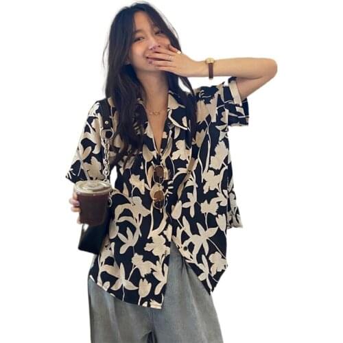 Salt vintage platycodon print shirt female summer harbor chic gentle design sense Harajuku BF wind half sleeve shirt tide