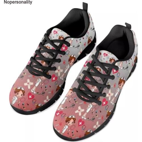Nopersonality Color Nurse Pattern Women Flats Shoes Lace Up Waking Sneaker Breathable Cartoon Nursing Shoes Calzado deportivo