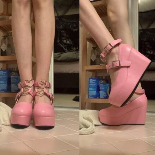 Big Size 42 Sugar Cute Girls Heart Buckle High Wedges Pink Pumps Platform Spring Brand Women Pumps 2021 Round Toe Shoes Woman