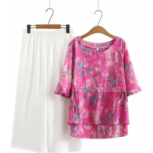 Plus size short sleeve O-Neck print tshirts and Wide leg pants women sets 2021 summer casual ladies 2 pieces women sets female