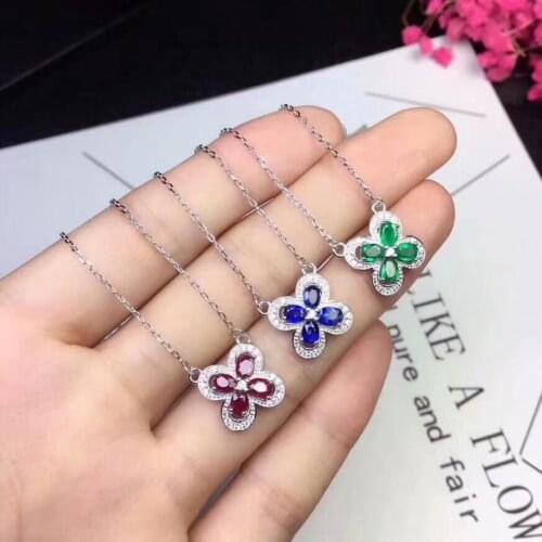 Fashion Flower Plum blossom natural green emerald gem necklace natural sapphire ruby pendant necklace S925 silver girl jewelery