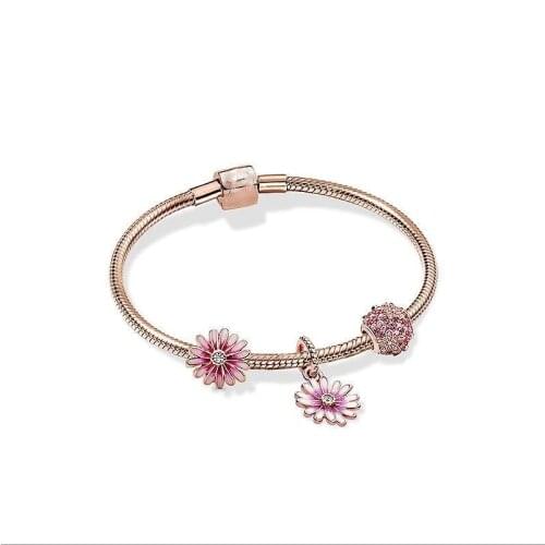 2020 New 925 Sterling Silver Rose Gold Brilliant Daisy Beaded Bracelet Set For Women Wedding Party Gift Fashion Jewelry