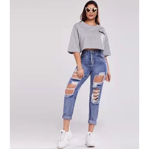 2021 Europe and The United States Knee Hole Jeans Women Loose Straight Leg Pants Womens Trousers Plus Size Spring A242
