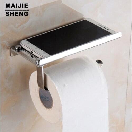 Free Shipping stainless steel 304 Toilet Roll Paper Rack with Phone Shelf Wall Mounted Bathroom Paper Holder