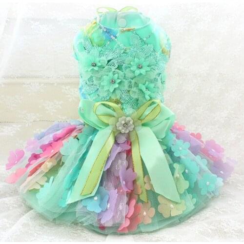 Free Shipping Handmade Dog Clothes Pet Cat Princess Dress Gorgeous Rainbow Gradient Color 3D Flower More Layers Tulle Skirt Gown
