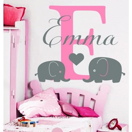 Home Decoration Art Wall Decals Loving Elephants Personalized Kids Name Initial Vinyl Wall Murals Sticker DIY Wall Decor W-394